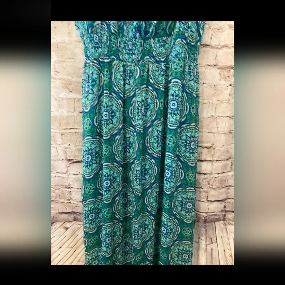 Maxi Dress Womens L Teal Green Medallion Print Ruffle Full Length Sleeve… - Picture 4 of 8